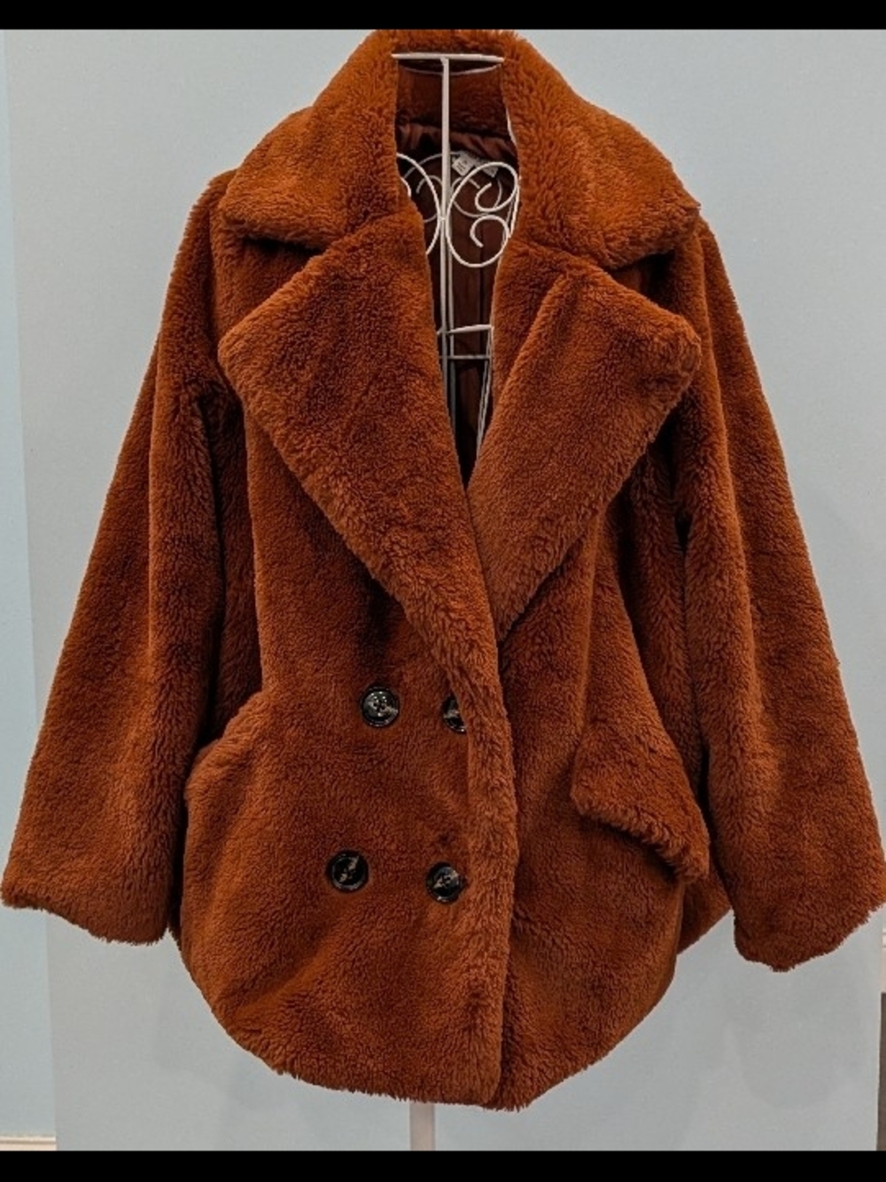 Double-Breasted Plush Teddy Jacket in Rust Brown Size 1X